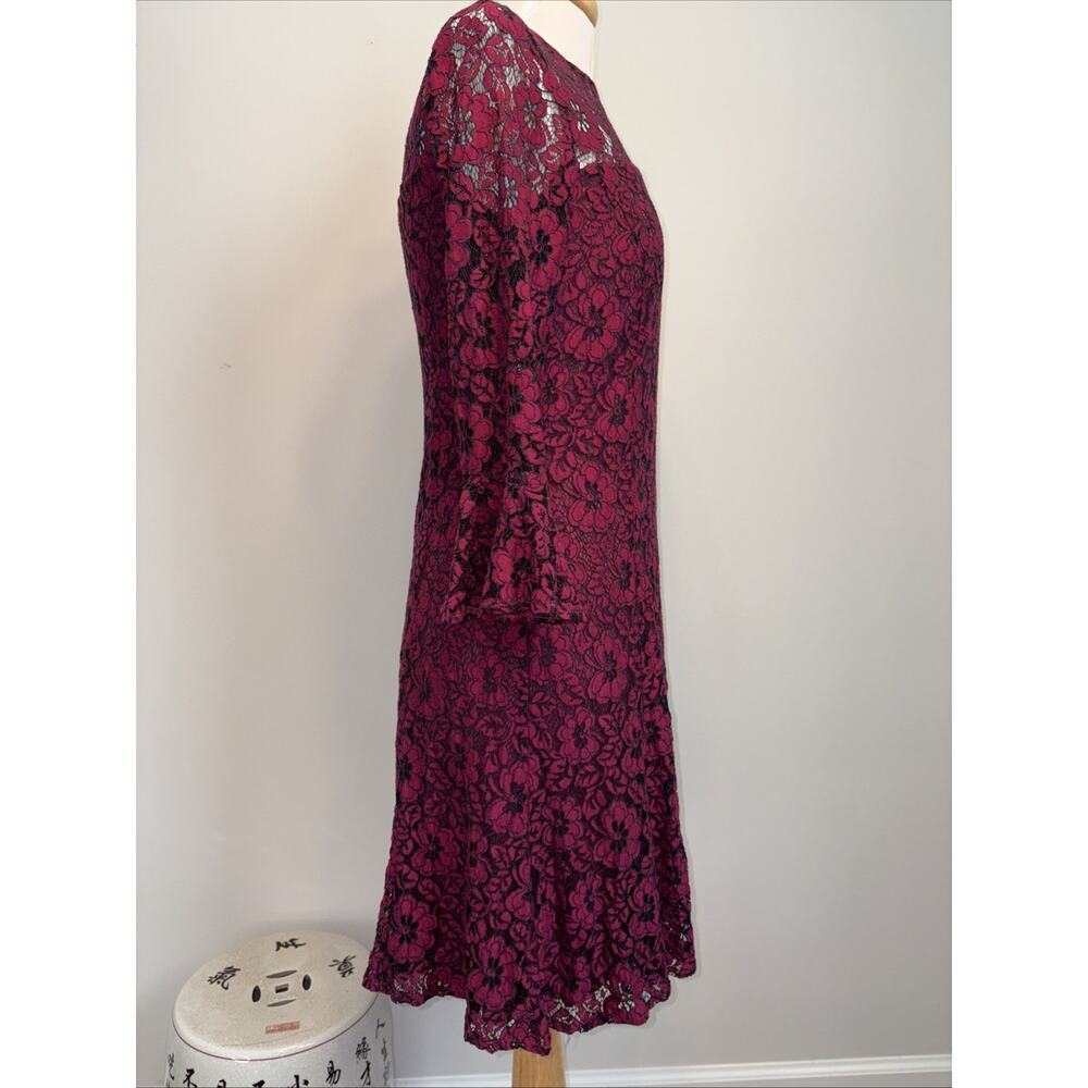 Retro Glam Illusion Lace Floral Holiday Cocktail Dress Burgundy Black 10 - Picture 2 of 15
